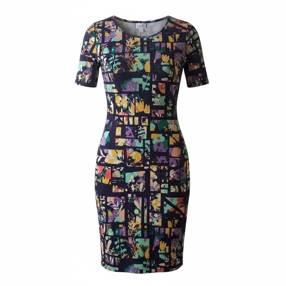 LuLaRoe Julia Dress Multicolor Short Sleeve Form Fitting Midi Womens Size XXS